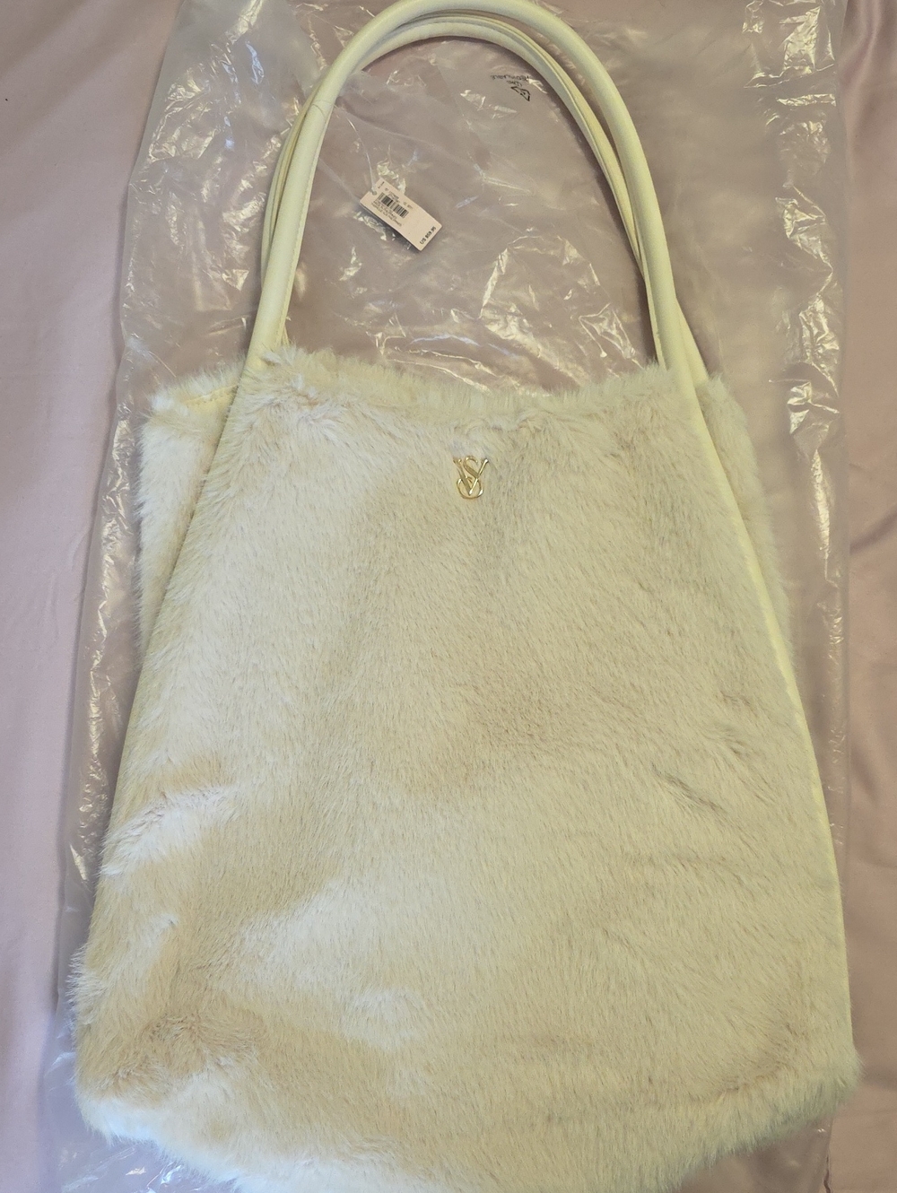 Victoria Secret Faux Fur Tote Bag in Cream with Gold Accent